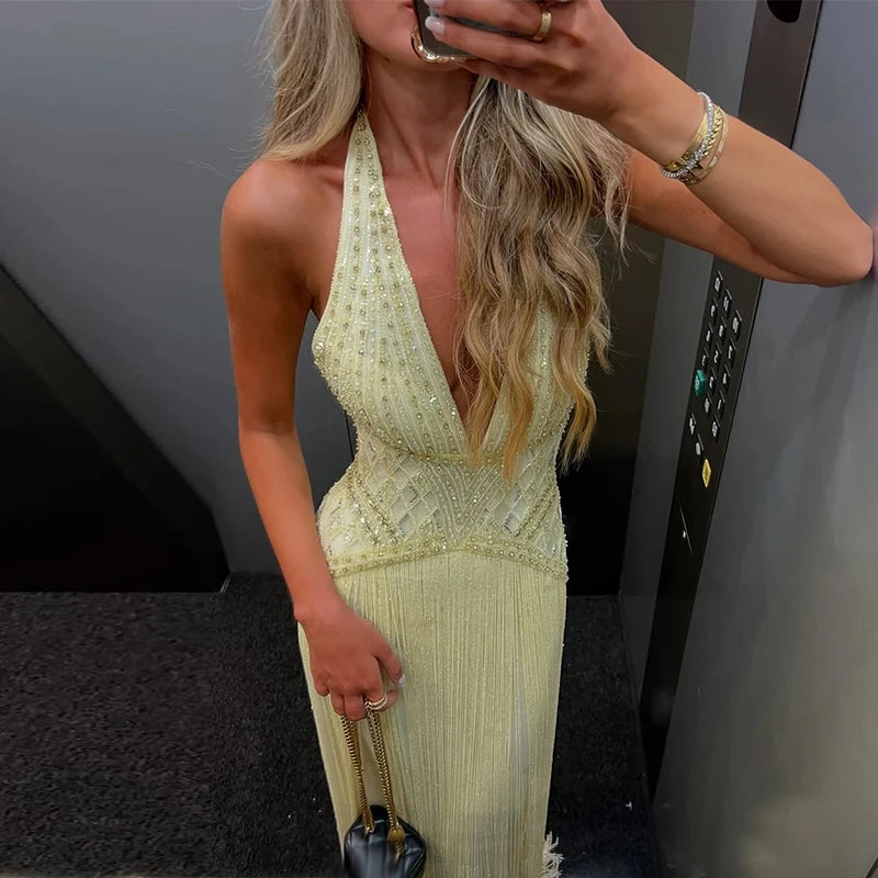New 2026 Women's Banquet President Dress Fashion Sequin Tassel Slim Cocktail Dress Elegant Temperament Off Shoulder Strap Dress