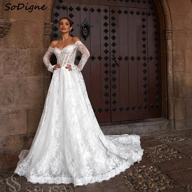 SoDigne A-line Lace Wedding Dresses ﻿Off Shoulder Full Sleeves Bridal Dress Beach Long Wedding Gown Robe De Mairee ﻿Customized