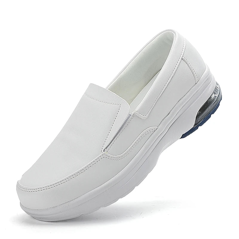Professional White Leather Hospital Work Shoes Four Seasons Comfortable Breathable Nurse Shoes Women's Thick Base Single Shoes