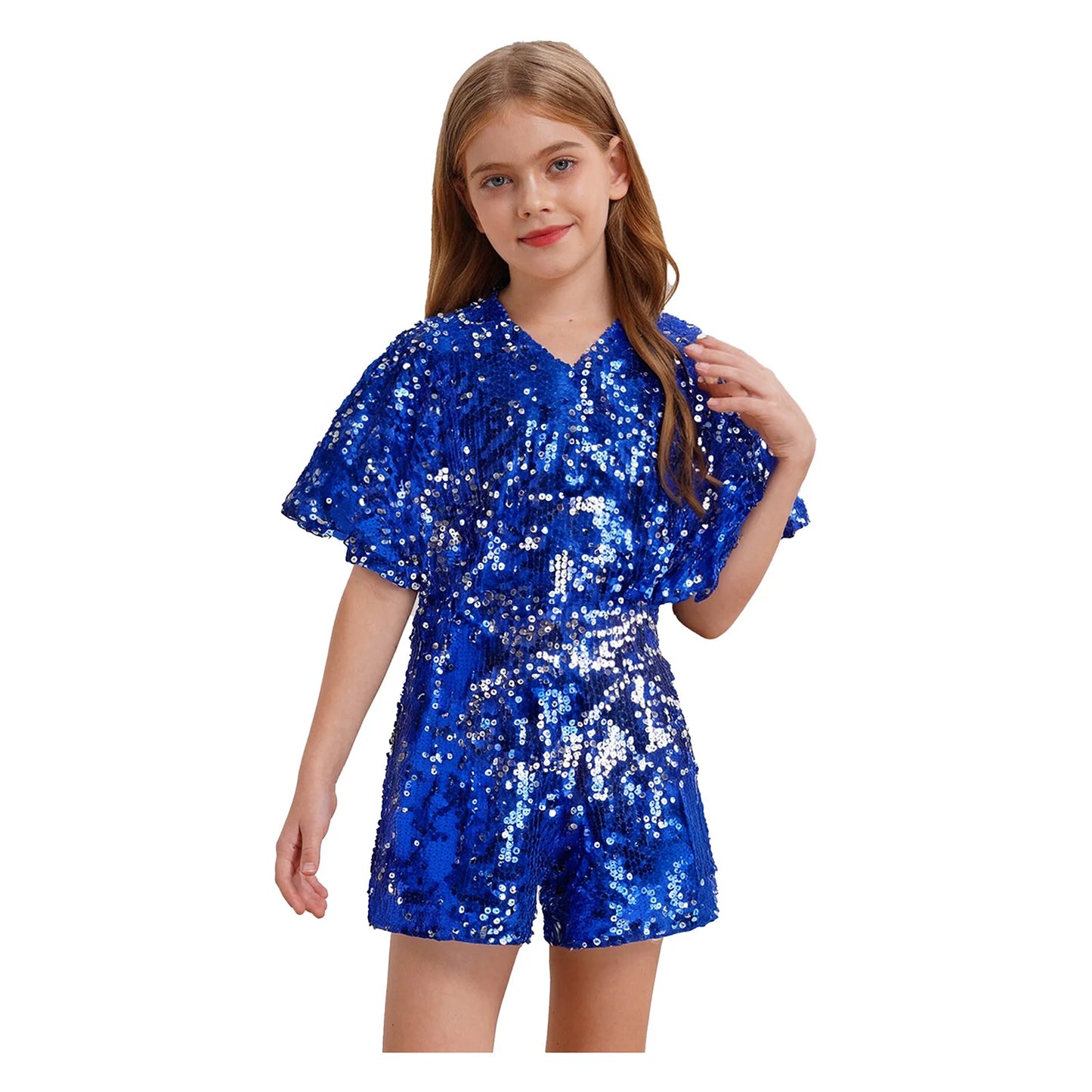 Kids Girls Shorty Unitard Sleeveless Sequin Rompers Leotard Bodysuit Performance Children Jazz Modern Dance Party Tap Costumes