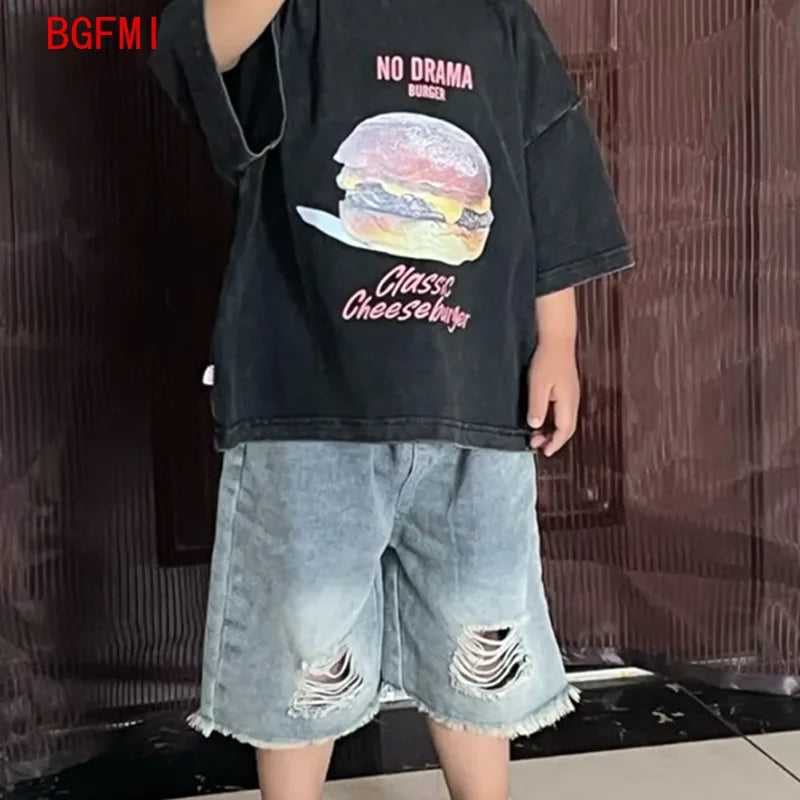 Baby Summer Clothes Boys Teen Suits 2025 New Kids Outdoor Clothes Letter Short Sleeve T-shirts + Denim Shorts 2 Piece Set 2-10Y