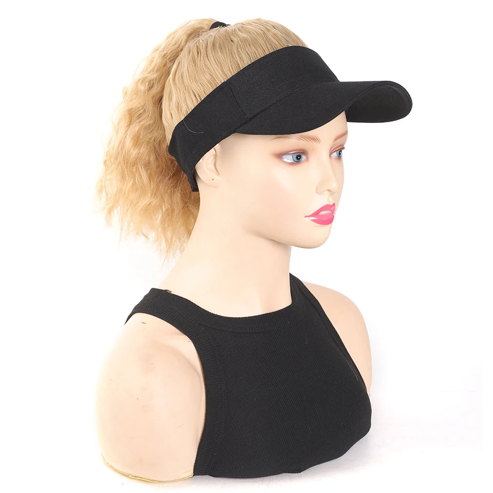 LUPU Synthetic Hair Curly Wave Ponytail Black Brown Baseball Cap Wig Adjustable Sun-Protective Sporty Style for Women Girls
