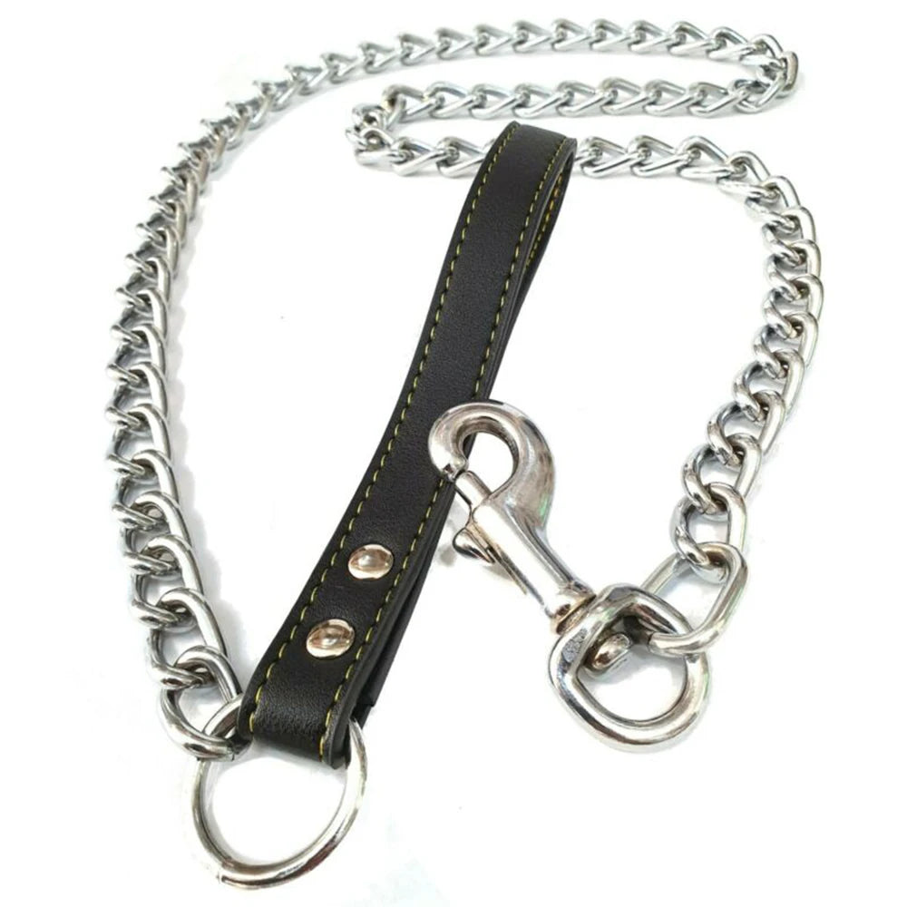Durable Pet Dog Chain Metal Leash For Small Medium Dog PU Handle Leather Iron Chain Leash Anti-Bite Chain Dog Accessories