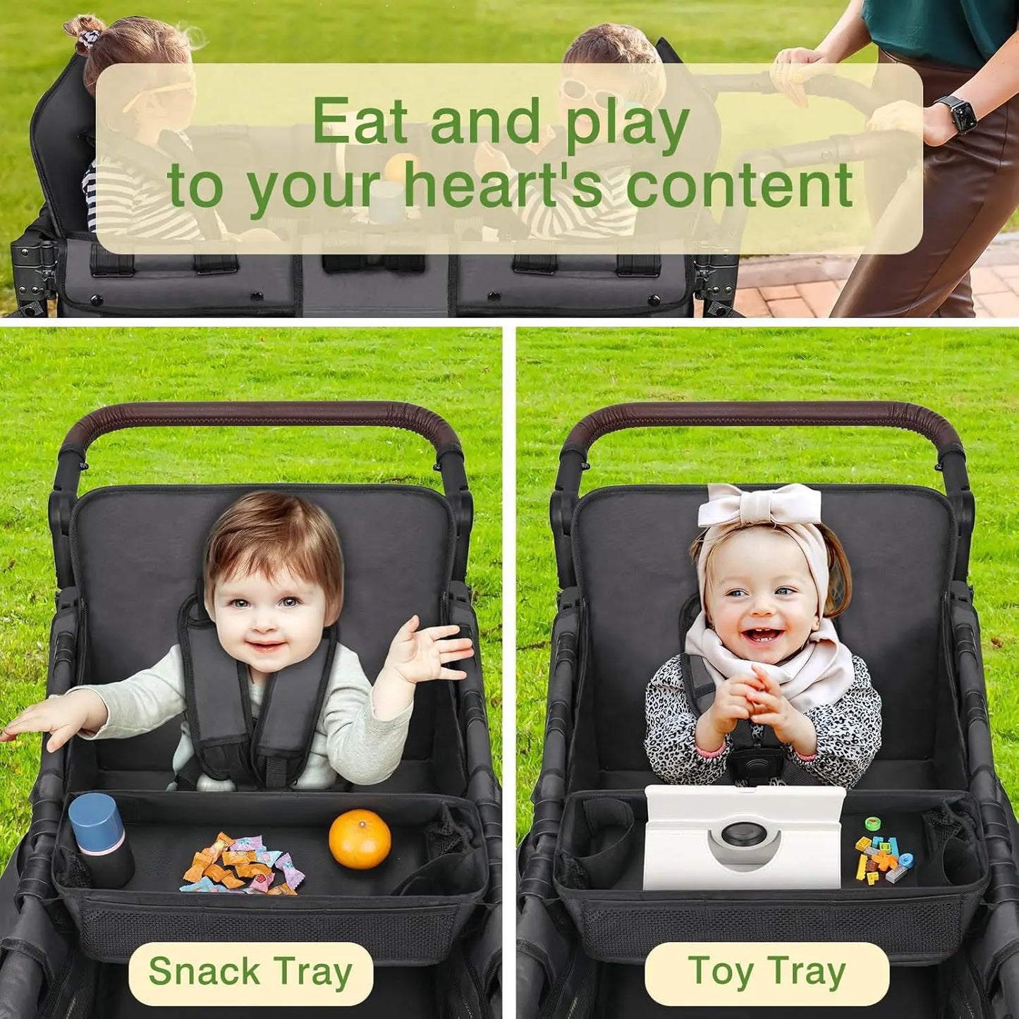 Double Sided Stroller Tray for Snacks & Activities Featuring Faux Leather Side for Eating, Polyester Side for Activities