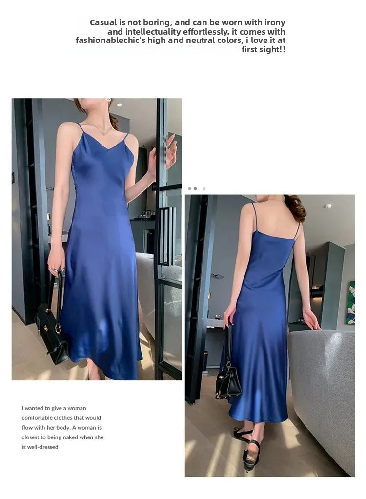 Silk V-neck Slim-fit Satin Dress Sexy Strap Long Gown for Women New 2025 Spring Summer Inner Wear Dress Elegant Lady Dress