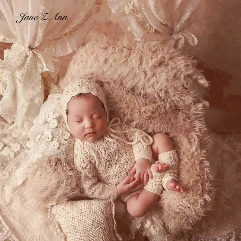 Newborn French lace photography outfit set baby girl Christening style ruffle bonnet hollow romper+socks infant photo props