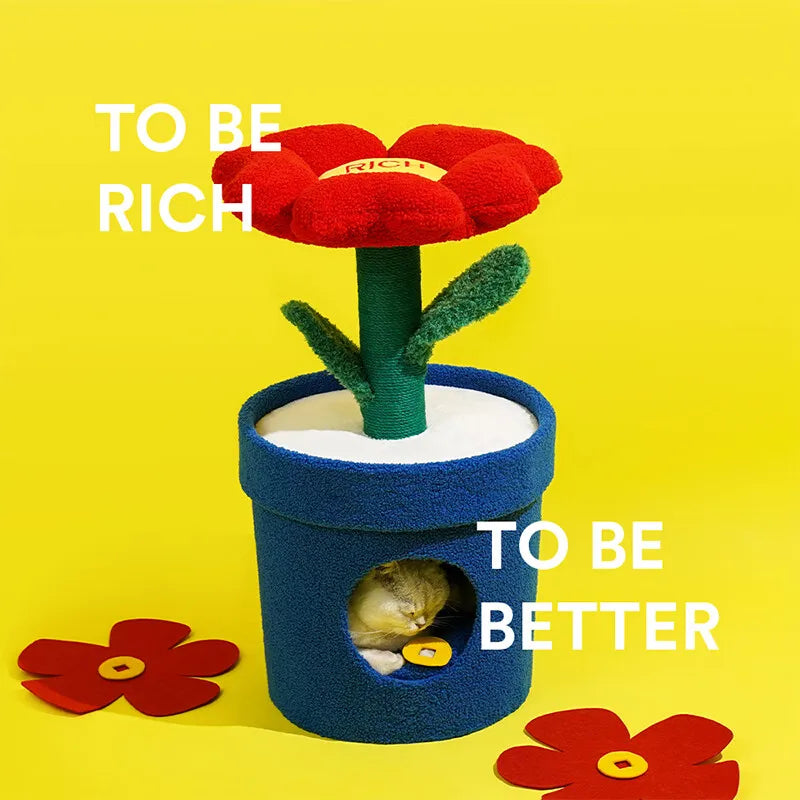 Red Flower Potted Cat Tree with Integrated Cat Bed Below Medium-Sized Cat Tree (Suitable for Cats Under 15 lbs)