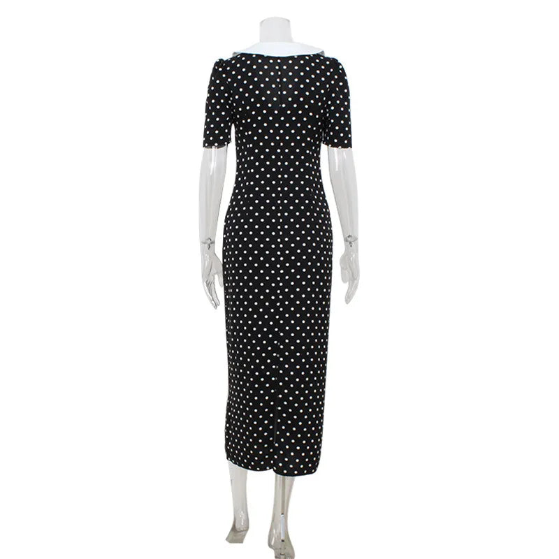 Polka Dot Printed Maxi Dress Women Fashion Chic Puff Sleeve Patchwork High Waist Slim Robes 2025 Elegant Party Long Dress Gowns