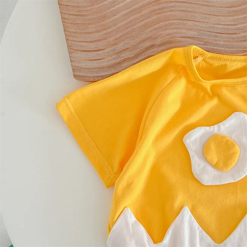 Summer Baby Newborn Romper Fried Egg with Headband Yellow Toddler Clothing Short Sleeve Infant Bodysuit Set 0-2Y Cute Jumpsuit