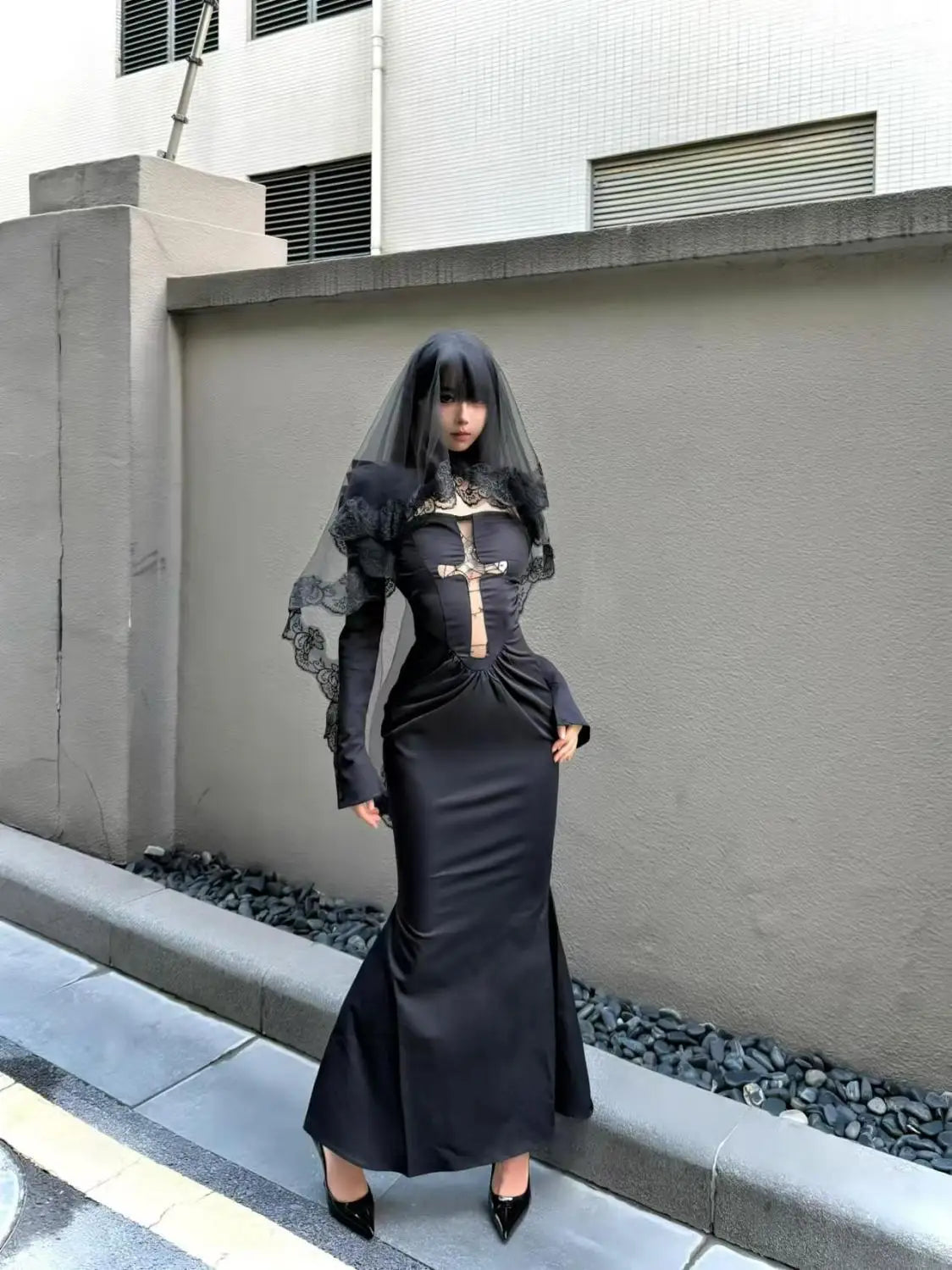 Winter Gothic Black Midi Dress Women Lace Veil Cross Decor Long Sleeve Slim-Fit Party Dress Female Halloween Cosplay Outfit 2025