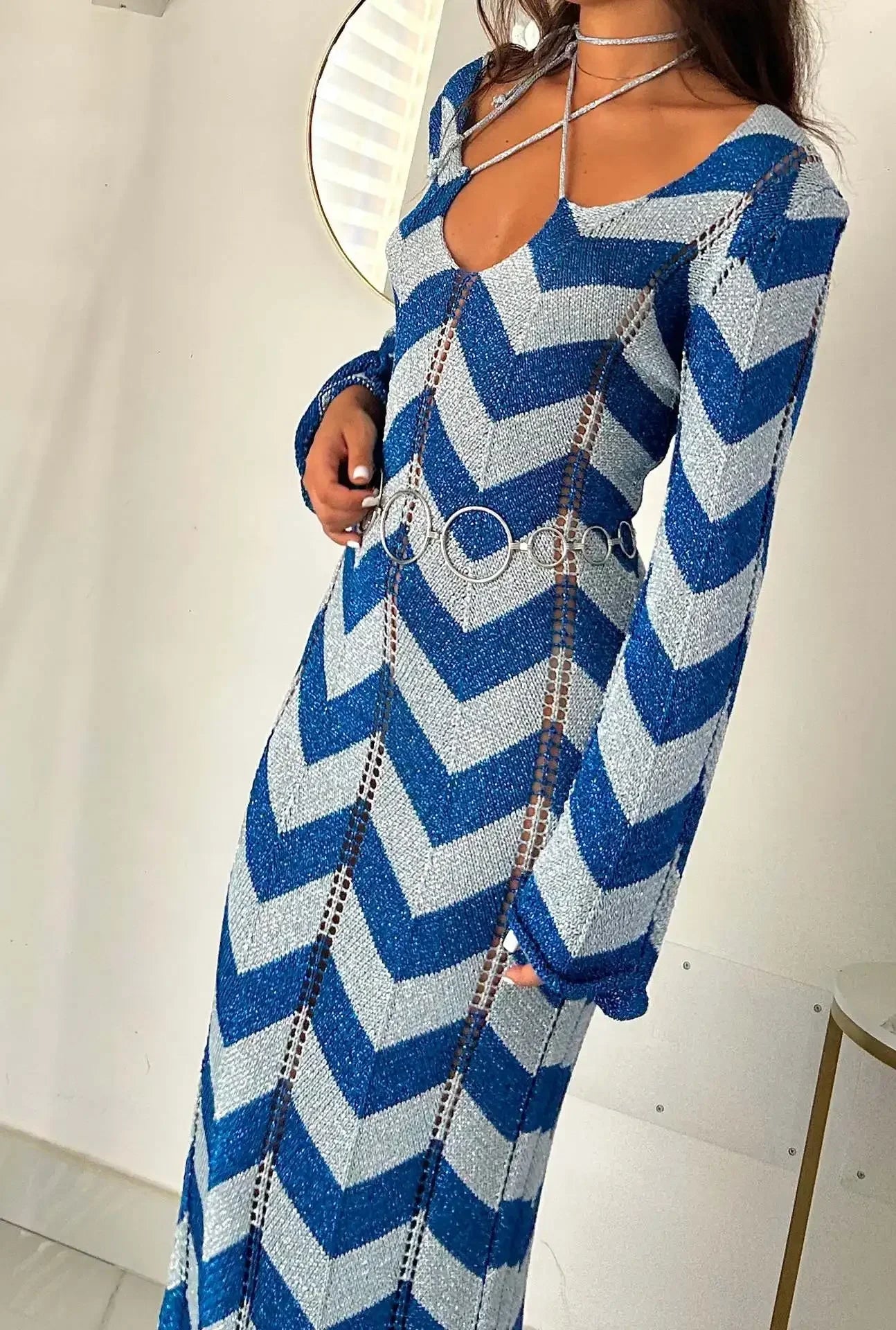 2025 Women's  Stripled Long Sleeve Slim Elegant Knitted Maxi Dress V Neck Autumn New Lace Up Hollow Sexy Beach Cover Up Dress