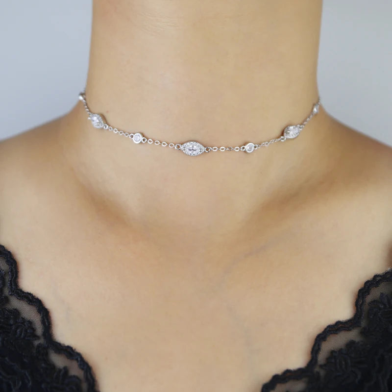 New Fashion Trendy Women Jewelry Micro Paved Geometric Round Marquise CZ Charm Link Station Chain Choker Y Lariat Necklace