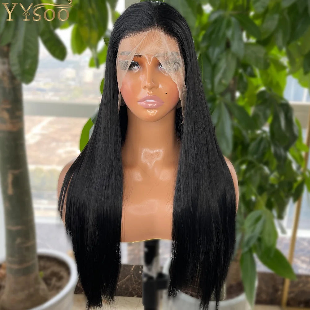 YYsoo 1# Long Silky Straight Dark Black Synthetic Full Lace Wigs for Women Heat Resistant Japan Futura Hair All Hand Tied Wig