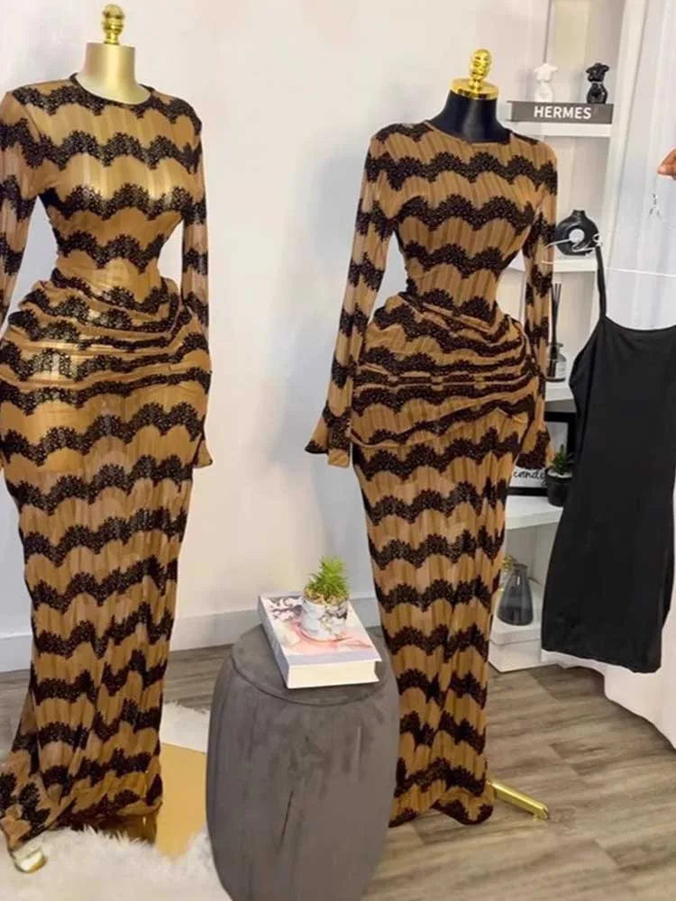 Long Sleeve Maxi Dress Chic for Women High Waist Evening Dress with Drape Sexy Brown Bandage Dress Wholesale Dropshipping