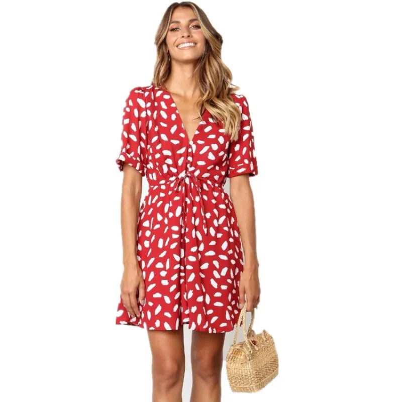 White Sand Spot Mini Summer Dresses Women V Neck Casual Beach Sundress Sexy Botton Wrap Bodycon Dress Female
