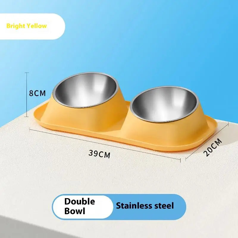 1pc Stainless Steel Double Cat Dog Bowl Cat Food Container Non-slip Base Pet Water Feeder Tilt Safeguard Neck Puppy Cats Bowls