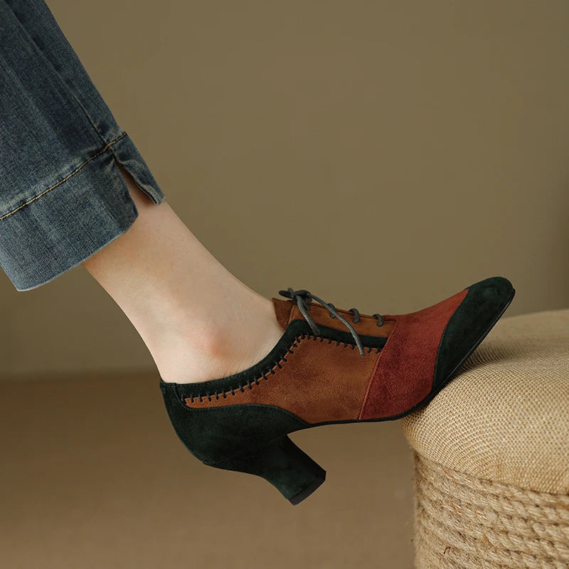 2025 New Spring Autumn Retro Mature Women Pumps Office Ladies High-heeled Lace-Up Genuine Leather Suede Shoes Woman High Quality