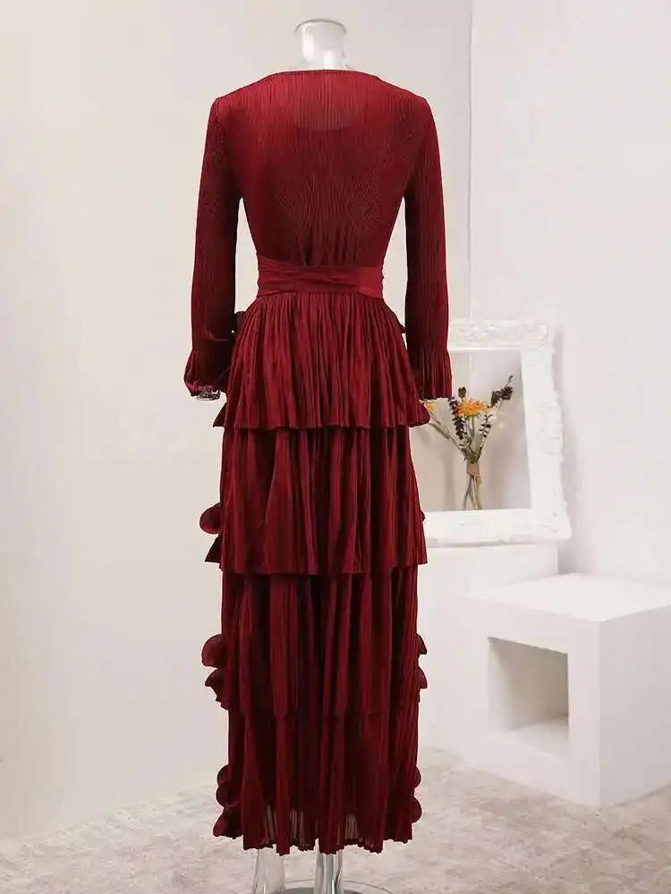 LANMREM Pleated Appliques Long Dresses For Women Round Collar Lace-up Full Sleeve Evening Party New 2025 Lady Dress 32S1173