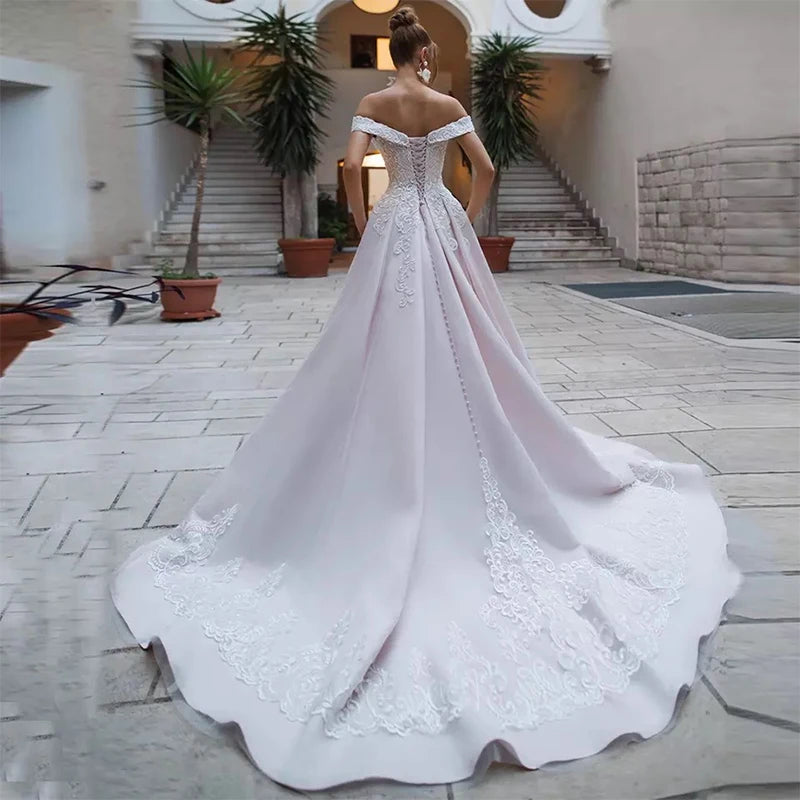 Bride Gown For Woman Illusion A-Line Bow Sashes Bridal Gowns O-Neck Satin Appliques Half Sleeves Wedding Dresses Robe De Mariée
