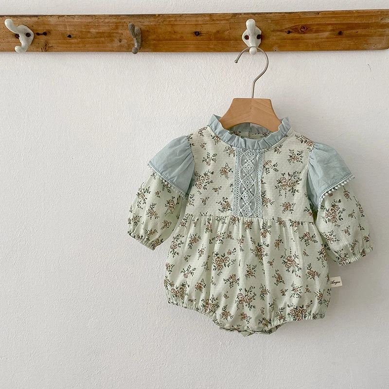 0-3Y Baby Autumn Clothes Retro Lace Infant Bow Ruffle Collar Long Sleeves Bodysuit Kids Girls Floral Print Casual Cotton Onesie