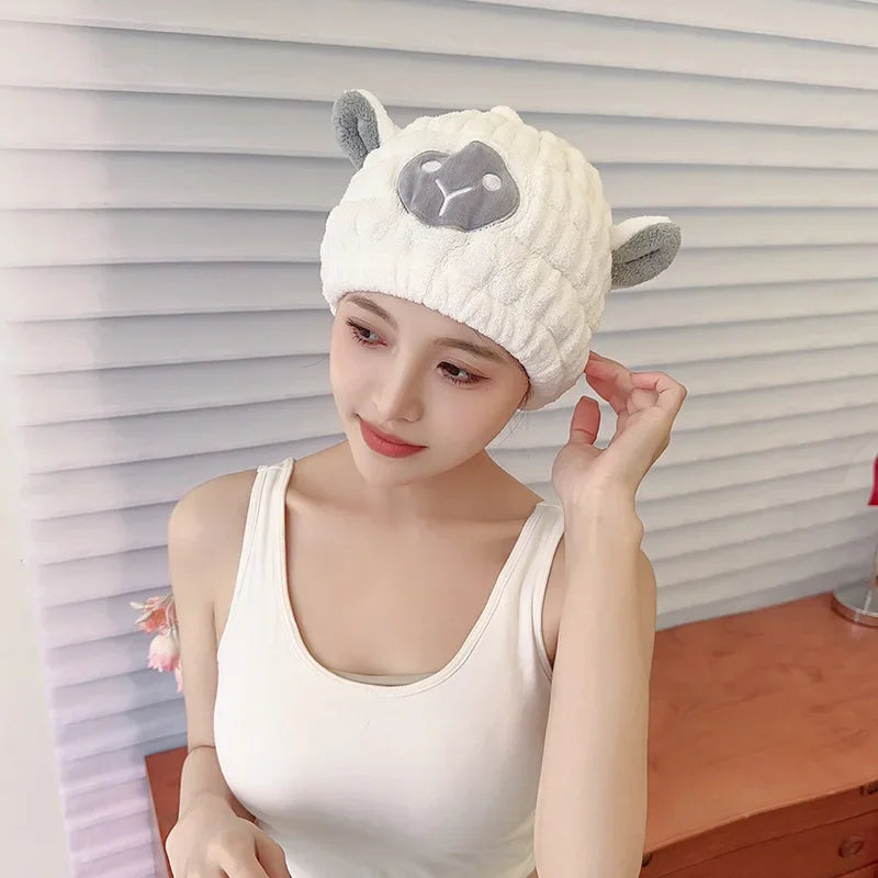 Coral Fleece Cartoon Kids Hair Drying Hat Animal Embroidered Shower Cap Absorbent Quick Dry Tape Cute Bathroom Accessory Soft