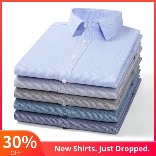 Men's Houndstooth Non-Iron Long Sleeve Button-Up Cotton Shirt, No Pocket Skin-Friendly Casual Versatile for Various Occasions