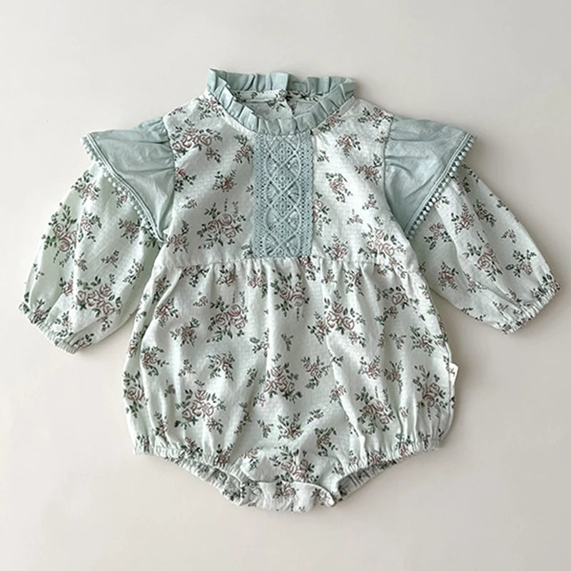 0-3Y Baby Autumn Clothes Retro Lace Infant Bow Ruffle Collar Long Sleeves Bodysuit Kids Girls Floral Print Casual Cotton Onesie