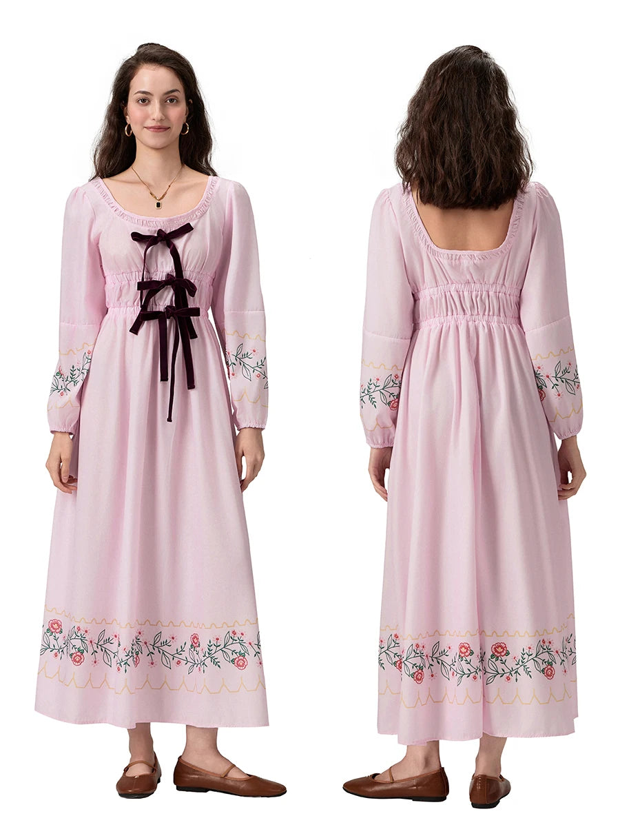 Women's 2024 Summer Boho Square Neck Front Bow Midi Dress Lady Vintage Puff Long Sleeve Plaid Ruffle Backless Maxi Dress