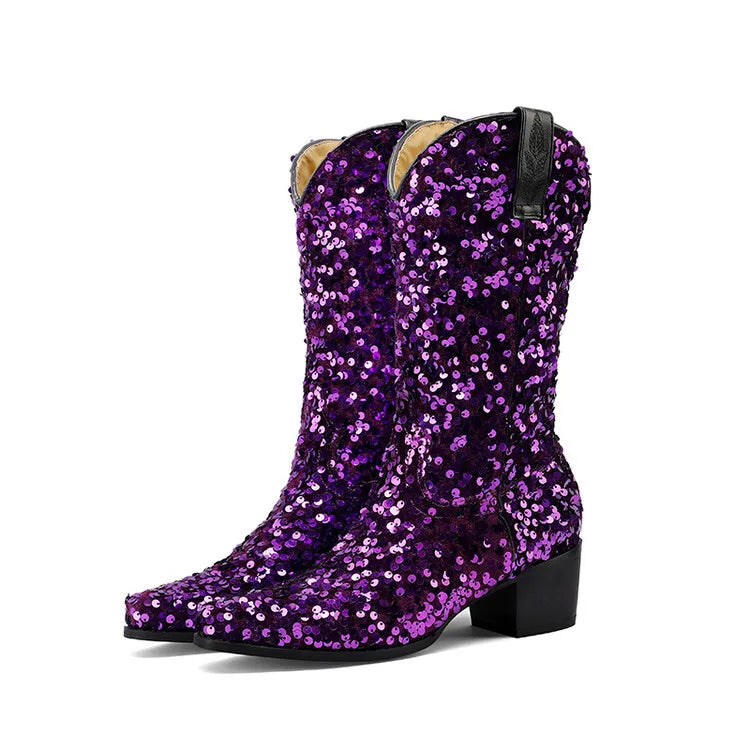 Women Sexy Western Boots Bling Bling Trends Party Chunk Heels Lady Shoes Fashion Pointed Nightclub Female Sequin Mid-Calf Boots