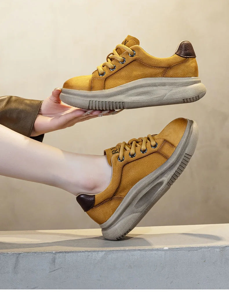 DRKANOL Spring Genuine Leather Casual Sneakers Women Thick Bottom Platform Lightweight Single Shoes Ladies Wedges Heel Shoes
