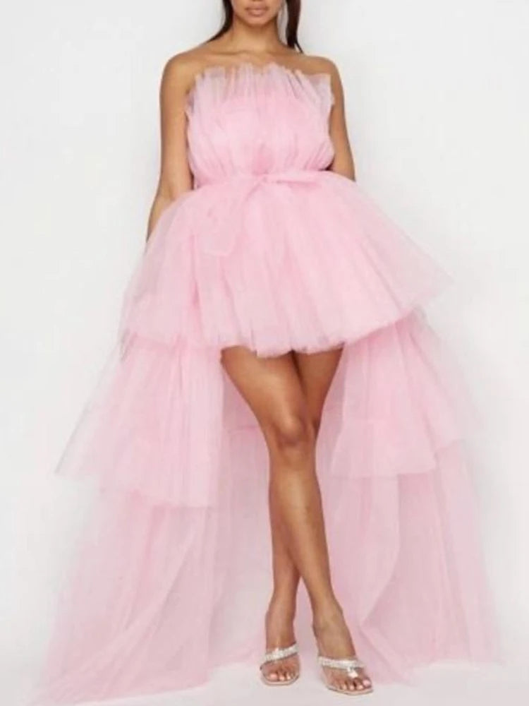 CM.YAYA Women Strapless Mesh Ball Gown High Low Irregular Cocktail Dress 2023 Autumn Vestidos Sexy Party Even Dresses