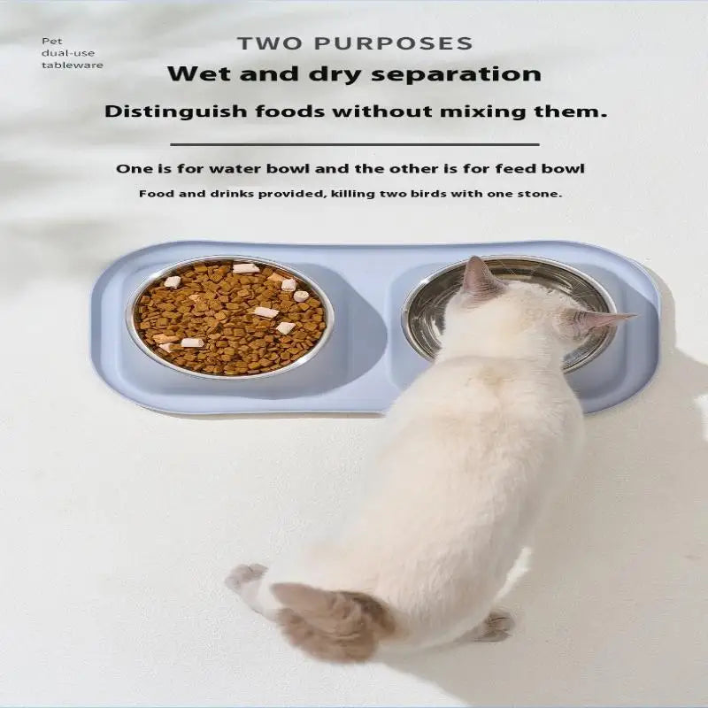 1pc Stainless Steel Double Cat Dog Bowl Cat Food Container Non-slip Base Pet Water Feeder Tilt Safeguard Neck Puppy Cats Bowls