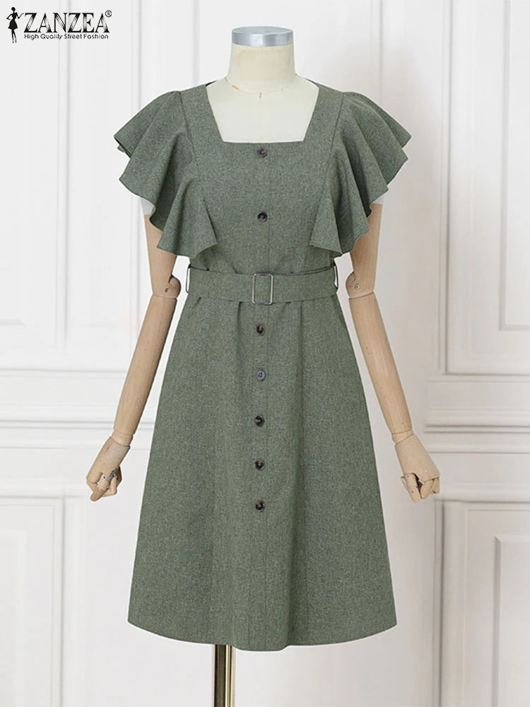 ZANZEA Elegant Women Office Lady Dress Summer Short Sleeve Ruffled Vestidos Casual Solid Color Square Collar Party Midi Sundress