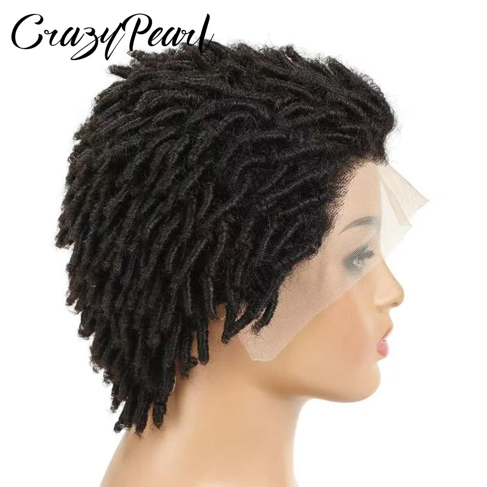 Short Pixie Cut Dreadlocks Wigs Natural Color Afro Twists Dreadlocks Lace Frontal Wig Faux Locs Braided Hair Replacement Wigs