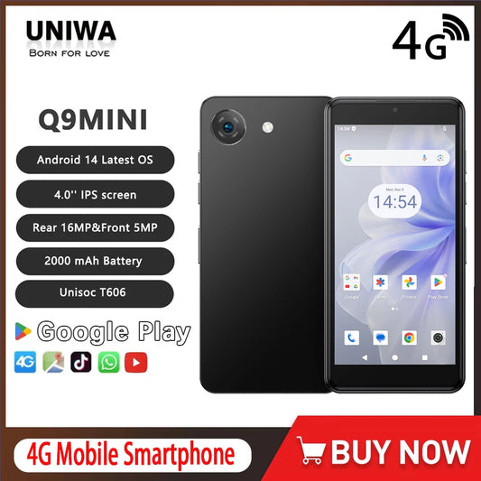 UNIWA 4G Phonemax Q9 Mini Phone 4.0Inch IPS Touch Screen Small Cell Phone Android 14 Small Smart Mobile Face ID 2000mAh Battery