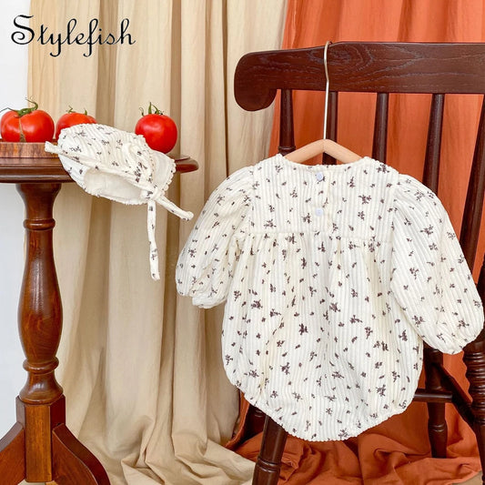 Autumn new style 0-2 years old baby clothing baby girl corduroy bubble sleeves jumpsuit, triangle climbing suit, gift hat