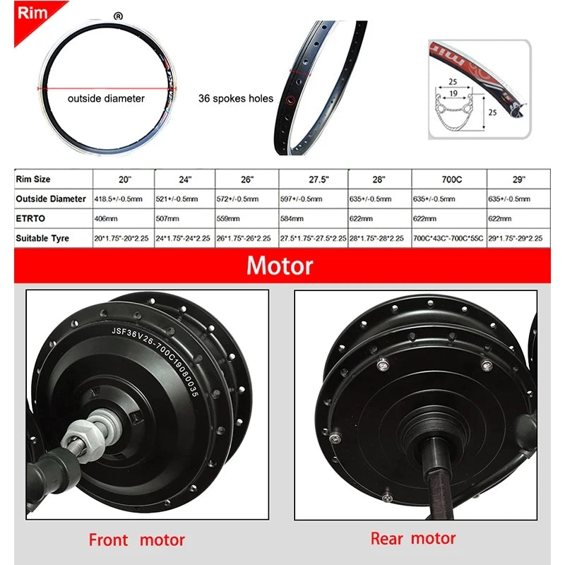 250W 350W 500W High Spedd Ebike Hub Motor & Assembled Wheel 20-29Inch 700C Tyre Electric Bicycle  Rotary Cassette Ebike Kit