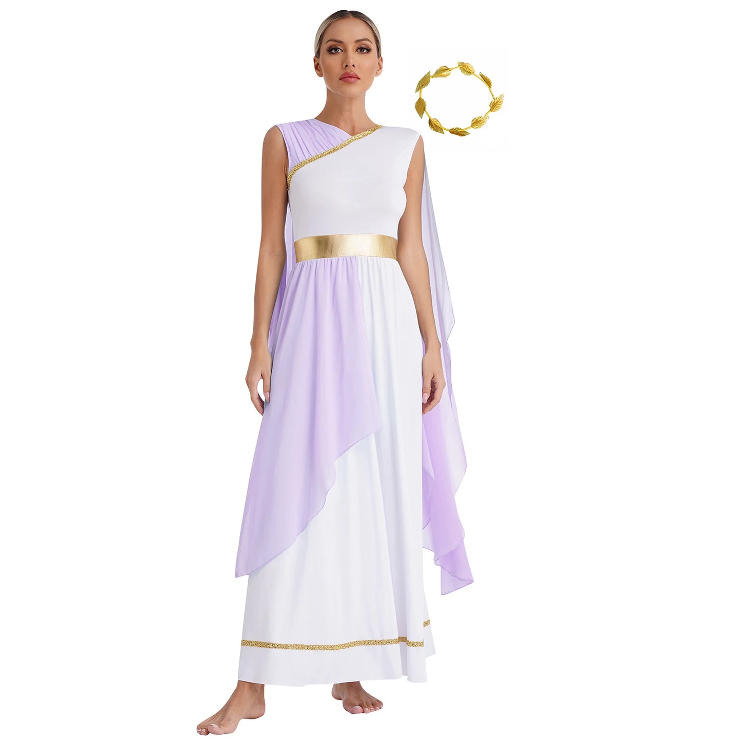 Womens Halloween Greek Beauty Carnival Cosplay Party Costumes Gold Leaves Garland Headwear And Cap Sleeve Ancient Toga Dress