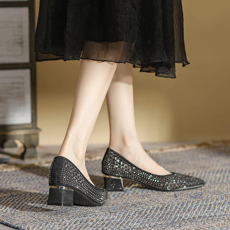 Sequines Cloth Gold rivets pumps women pointed toe glitter med-high heels shoes metal heeled female tacones elegant OL shoes