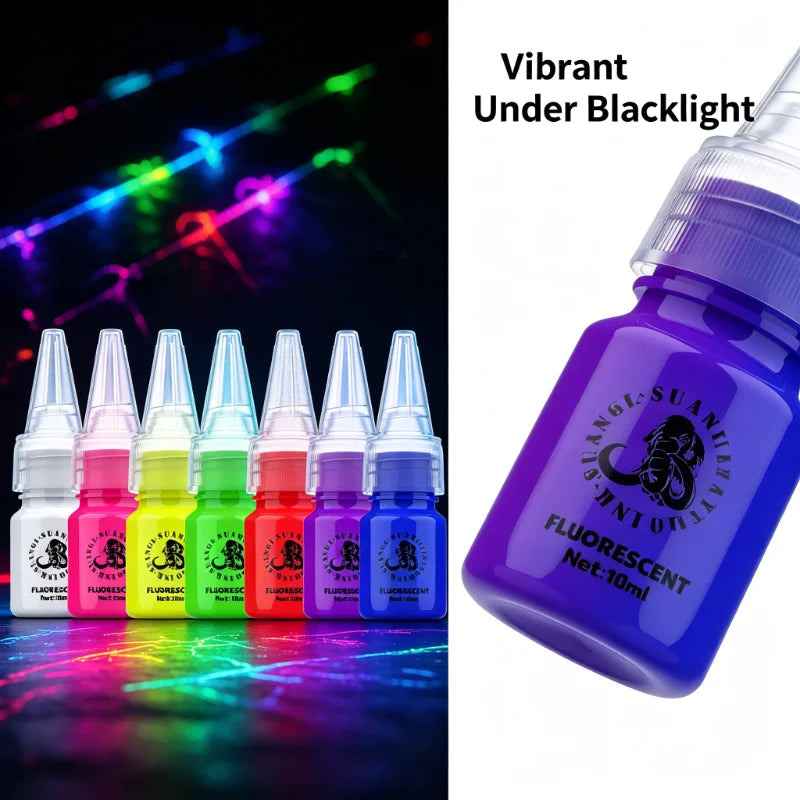 Glow Dark Tattoo Ink Set 7 Colors 10ml Fluorescent Pigmented Inks for Halloween Body Art Light Effects Vibrant Colors