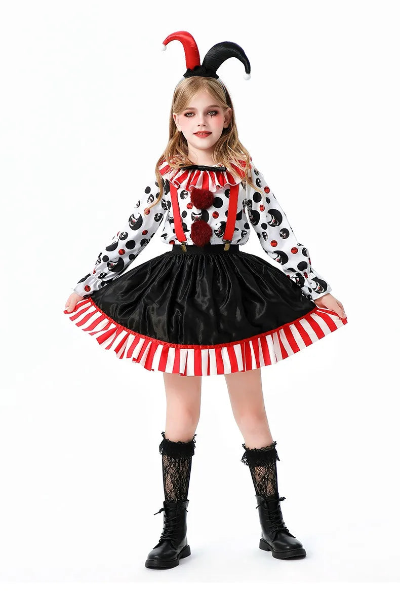 Halloween Cosplay Costumes Horror Clown Dresses Pants Headwear Clothes Sets Carnival Theme Party Role Playing Outfits for Girls