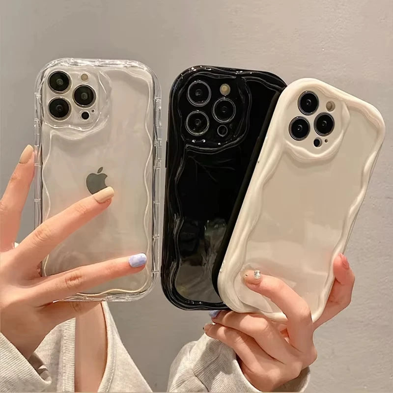 Wave Pattern Solid Color Cream For iPhone 11 12 13 14 15 16 17 Pro Max Plus Air Transparent Resistant Clear Shockproof Case