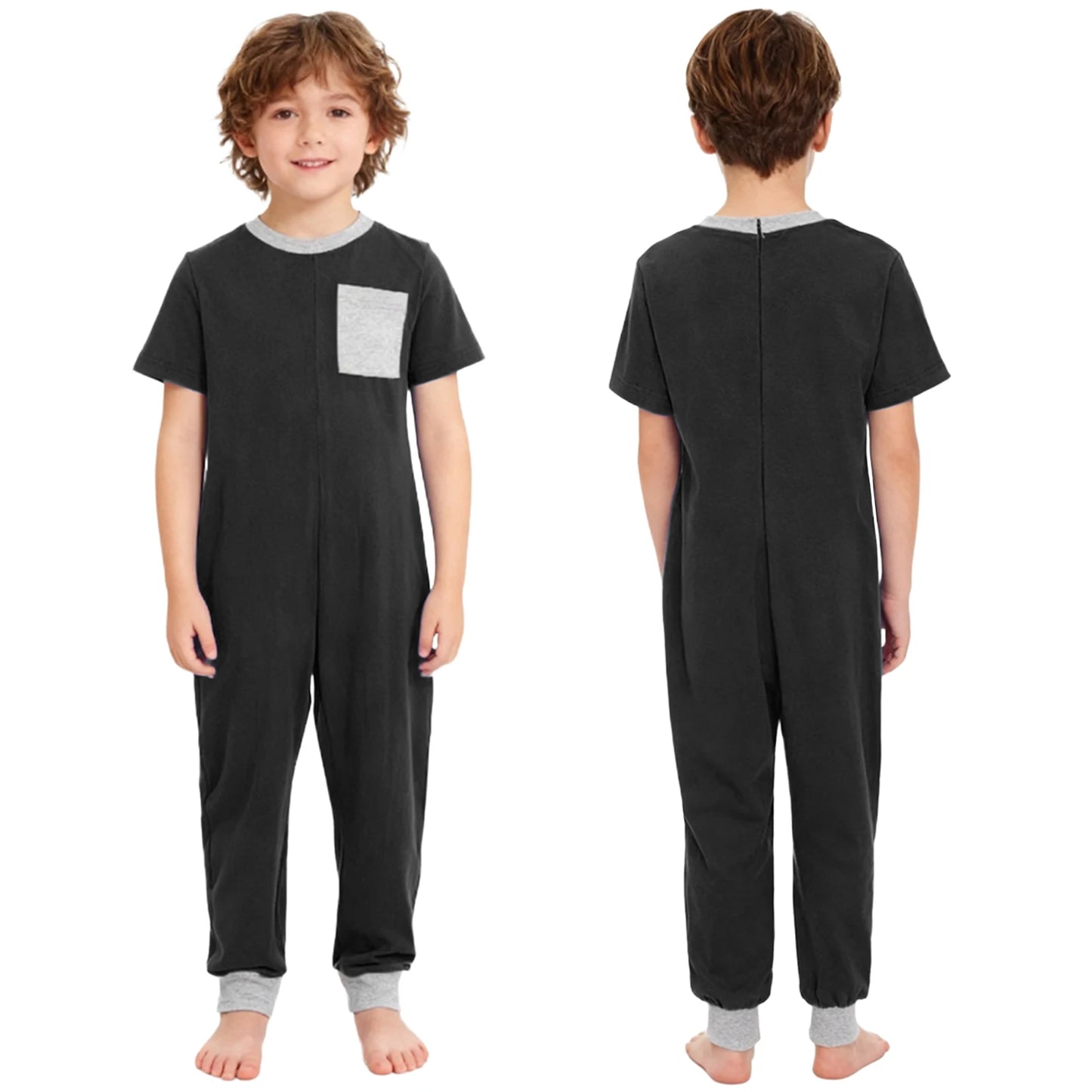 Kids Boys Girls Special Needs Adaptive Clothing Cotton Round Neck Short Sleeve Back Zipper Solid Color Full Body Jumpsuit Romper