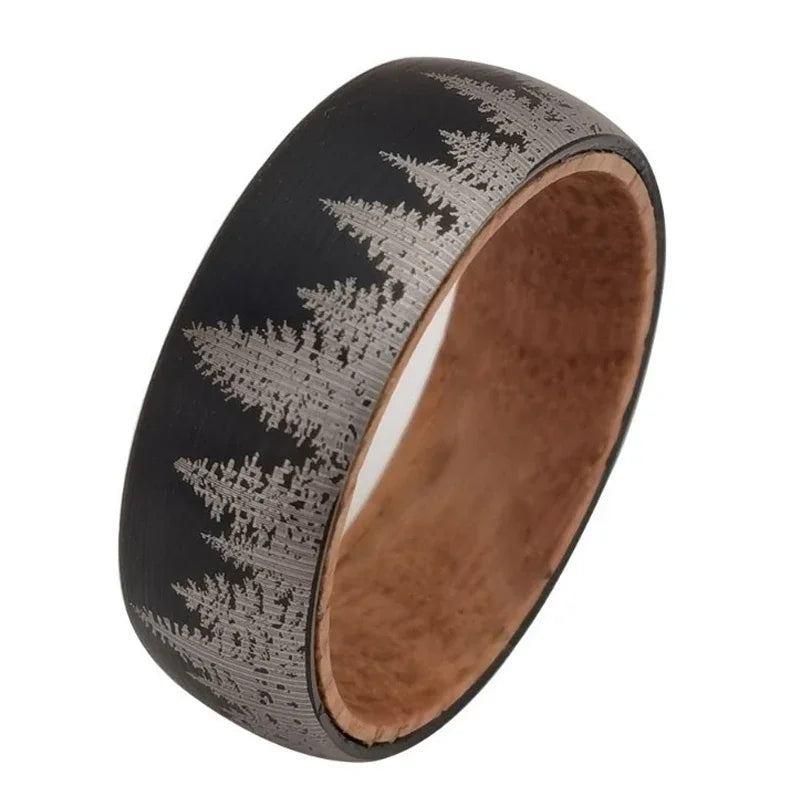 Somen 8mm Tungsten Carbide Wine Barrel Wood Ring For Men Brushed Laser Forest Pattern Engagement Wedding Bands Fashion Jewelry