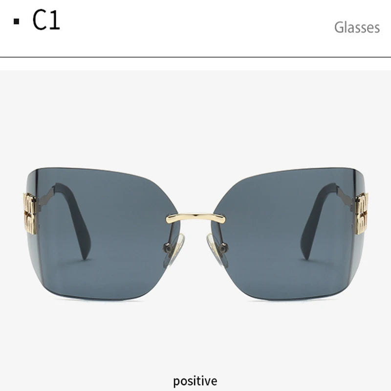 Women Brand Designer Rivets Rectangle Gradient Curved Shades Classic Sun Glasses Female Funky Metal Luxury Rimless Sunglasses