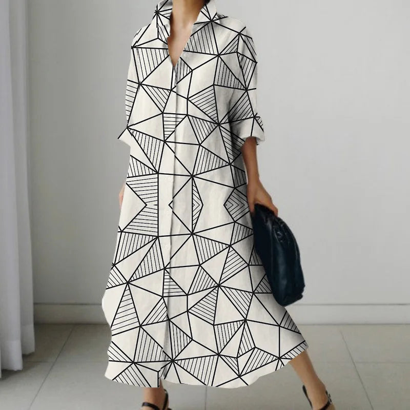 Women's Shirt Dress 2023 Trendy Patchwork Vintage Spot Print Shirt Fall Out Office Dress Loose Casual Lapel Pocket S-5Xl