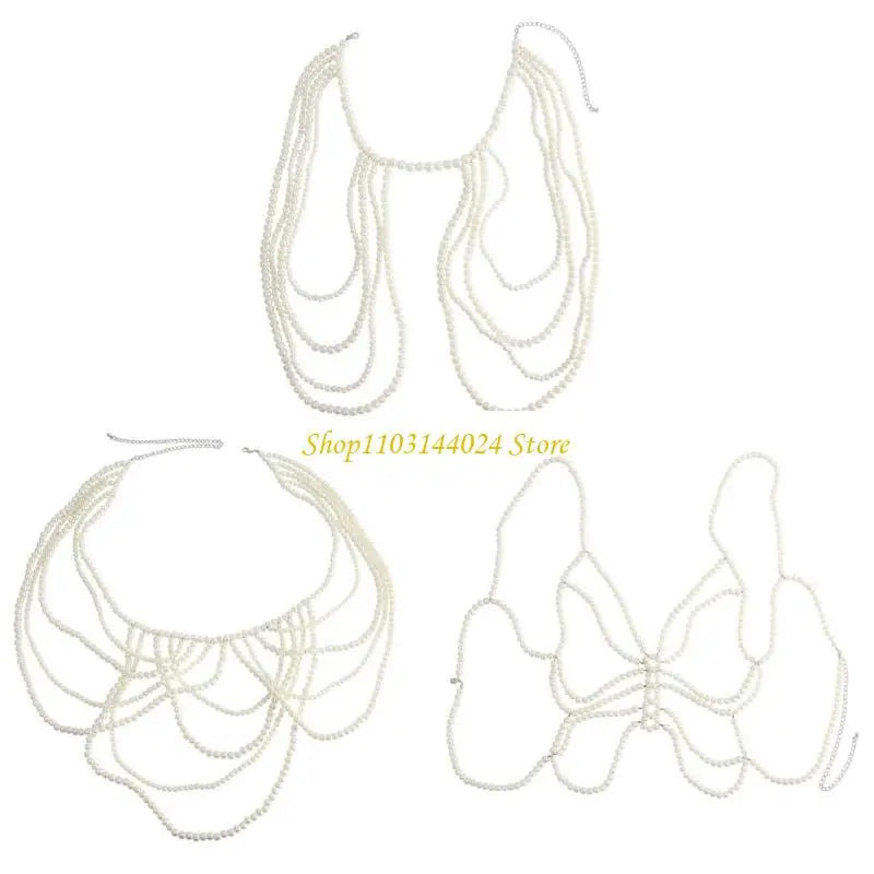 Modern Faux Pearls Body Necklace for Women Adjustable Strap Shoulder Chain Great for Celebrations and Day to Day Fashion