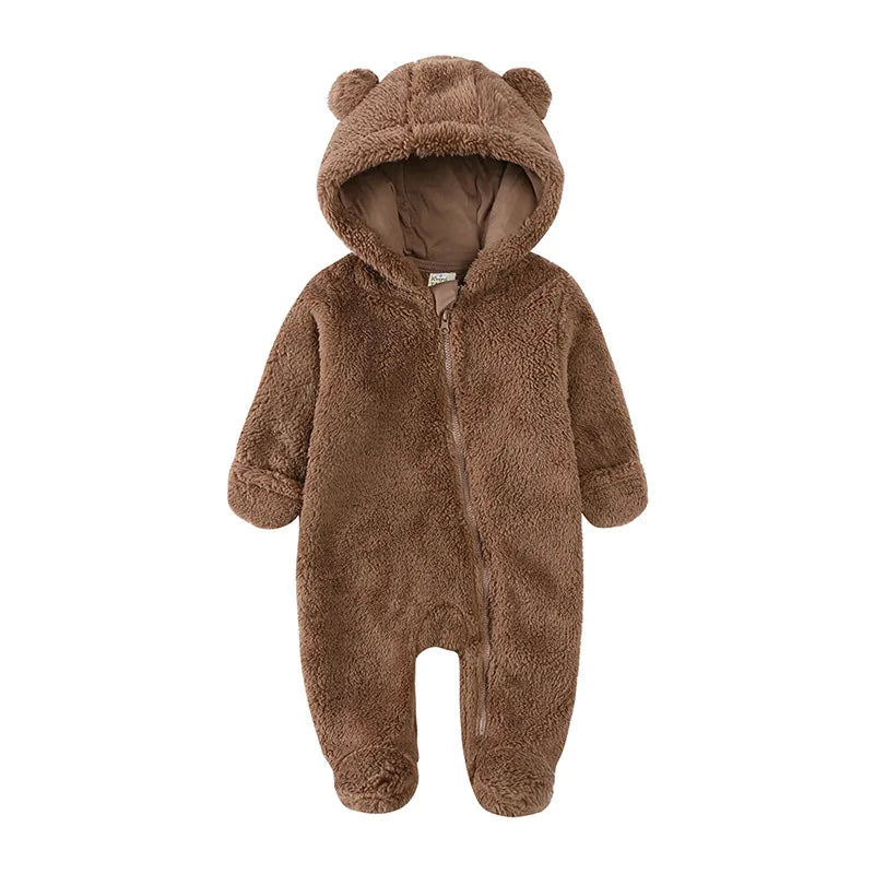 2025 Warm Footed Baby Romper Zipper Closure Fall Newborn Bear Ear Hooded Fuzzy Onesie Outfit Infant Boys Girls 100 Days Jumpsuit