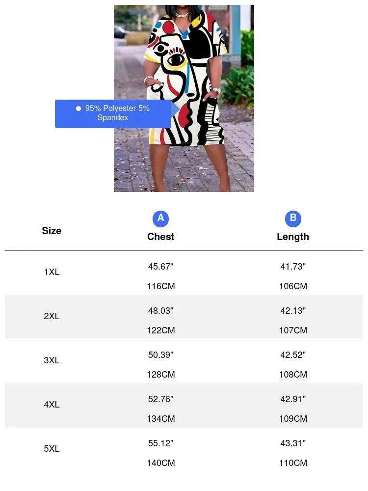 Plus Size Casual Dress in Black Style Featuring an Abstract Oil Painting Digital Print V-Neck Design And Two Pockets