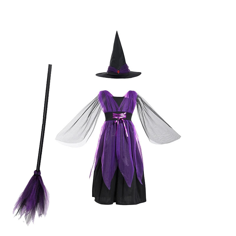 5 Styles Halloween Costume for Kids Girls Purple Bat Dress Halloween Fantasy Vampire Costume with Hat Broom Pumpkin Belt Set